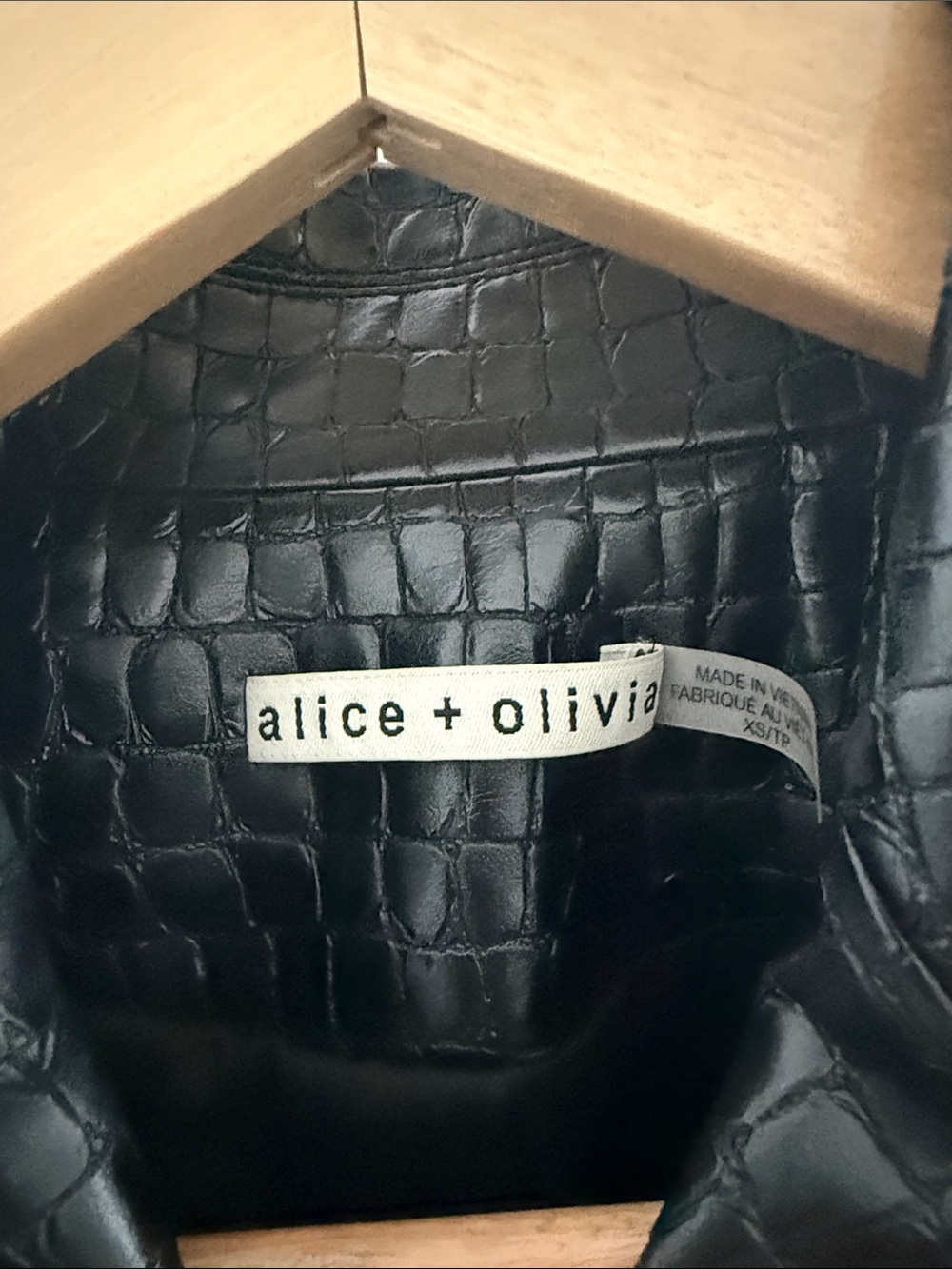Alice + Olivia Black Croc-Embossed Leather Moto Jacket with Gold Hardware Accent - Picture 5 of 5